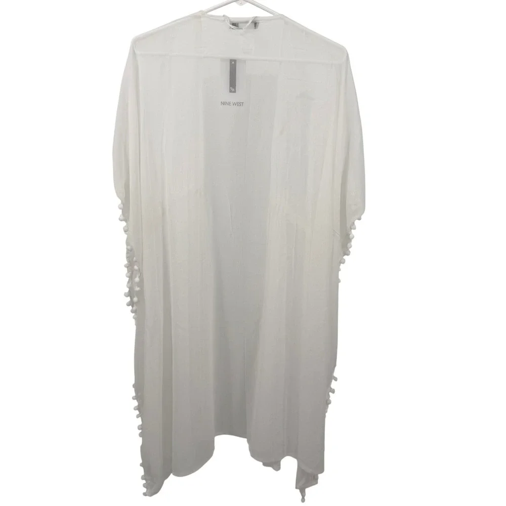 NWT Nine West Womens O/S Kimono Coverup White Pom Pom Trim‎